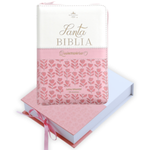 Biblia Quinceañera con Caja de Regalo – Índice y Cierre – Rosa y Blanco Símil Piel – RVR1960