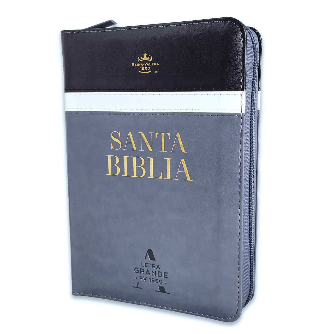 Biblia Letra Grande con Cierre - Tricolor Negro/Blanco/Gris Símil Piel - RVR1960