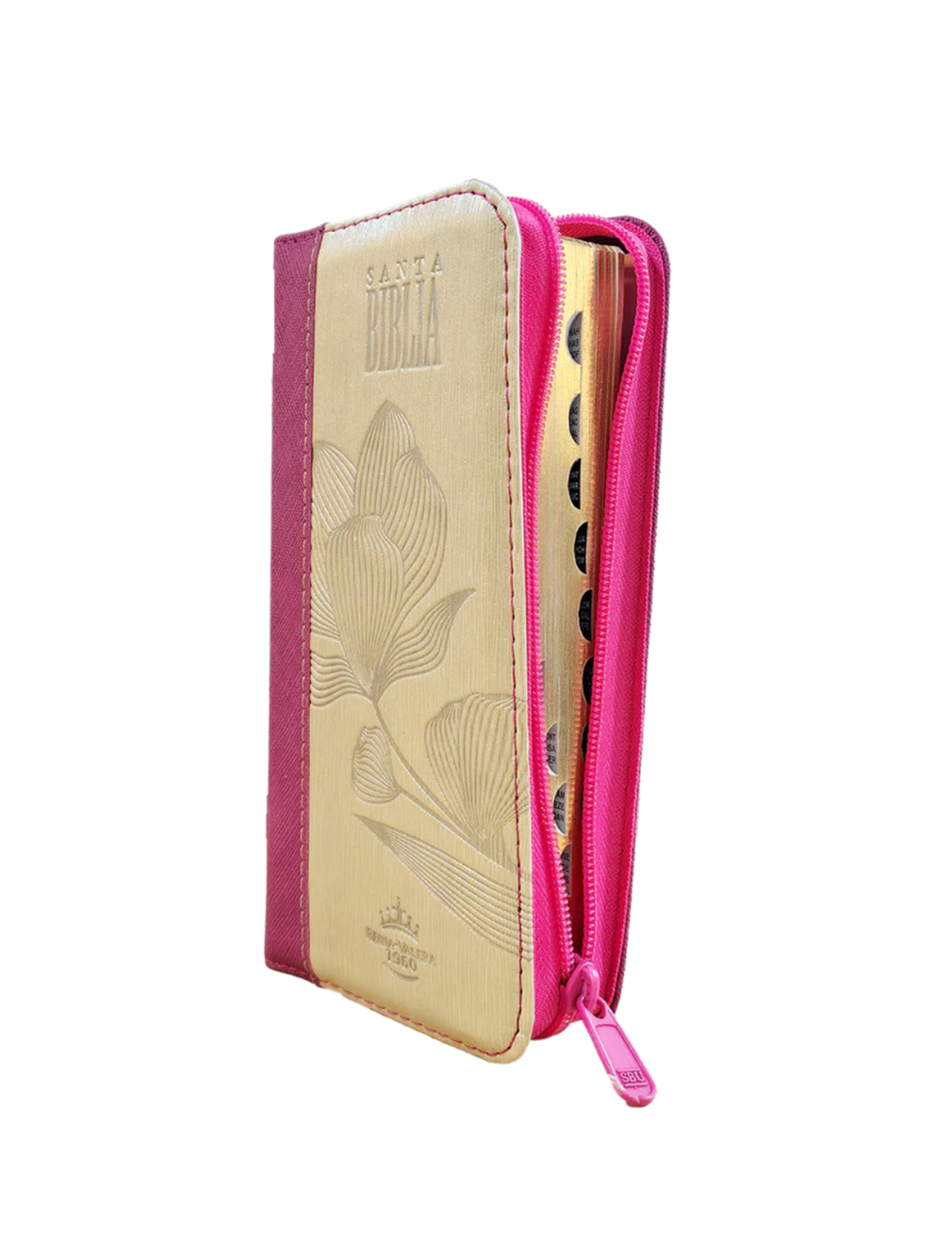Biblia Tipo Cartera con Índice RVR 1960 Color Magenta Beige Canto Dorado con Ayudas y Códigos QR