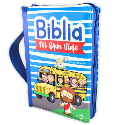 Biblia Mi Gran Viaje Letra Grande Tipo Maletín con Cierre – Azul/Autobús Símil Piel – RVR1960